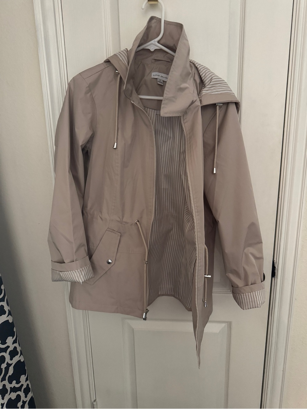 Susan Graver Taupe Hooded Raincoat with Striped Lining